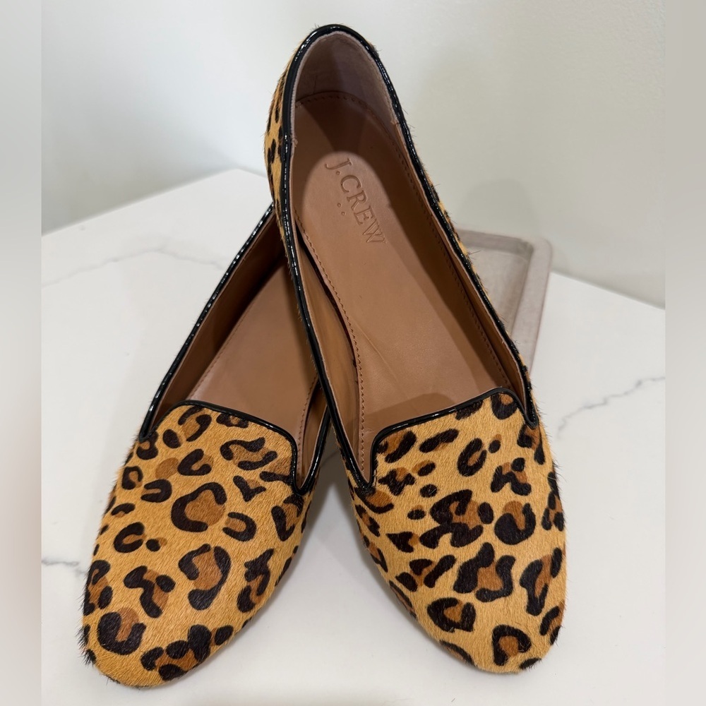 J Crew Shoes Womens 8 Brown Leopard Print Loafers Slip On Calf Hair Animal - Picture 2 of 7